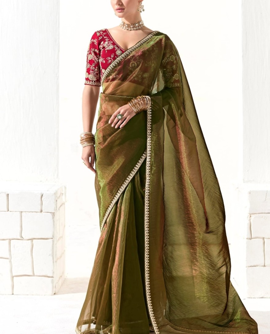 2219 - Incredible Olive Green Sequins Tissue Silk Saree With Maroon Blouse